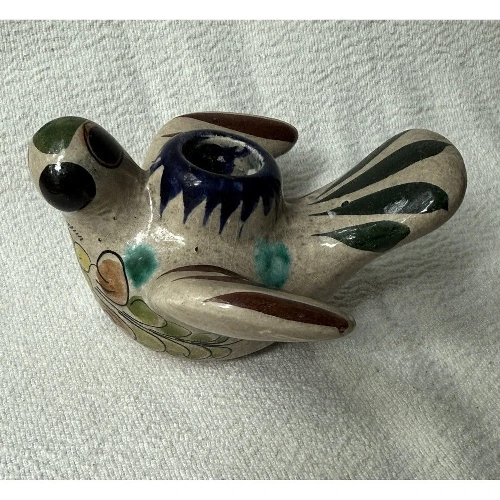 Mexican Tonala Pottery Bird Candle Holder Folk Art Figurine Hand Painted VTG 4
